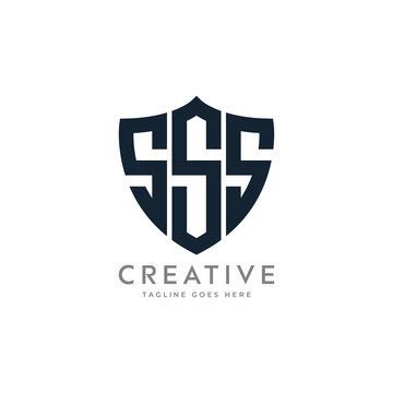 Letter "SSS" monogram and shield sign combination. Line art logo design. Symbolizes reliability, safety, power, security.