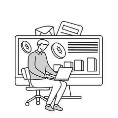 a man sitting in a chair works using a laptop, working to generate high income, with graphs on a big board, capital market graphs, doodle cartoon illustration