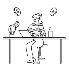 woman working with laptop sitting on chair by table, decorated with cactus plant and hot coffee, doodle cartoon illustration