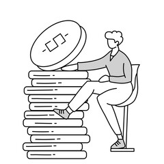 a woman sitting on a high chair holding a stack of coins, doodle cartoon illustration