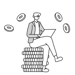 man working with laptop sitting on pile of coins, working to generate high income, doodle cartoon illustration