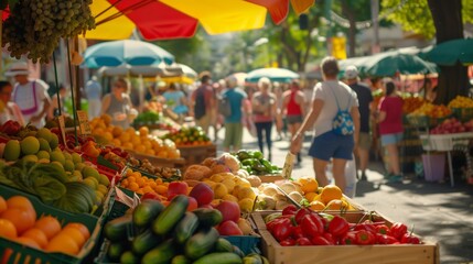 A cozy corner of a bustling farmers market, with vibrant displays of fresh produce, artisanal goods, and bustling crowds under a canopy of colorful umbrellas. - obrazy, fototapety, plakaty