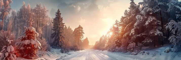 sun shining into an old road through some snow covered trees,  winter road  at sunrise or sunset