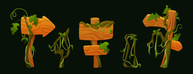 Obraz premium Wooden signboards with creeping liana vines and green leaves. Cartoon game ui assets vector set of wood signage board and arrow pointer with hanging jungle plant rope and tropical tree branches.