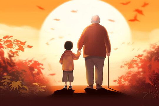An Illustration of a Grandfather Holding His Grandson's Hand While Watching a Sunset