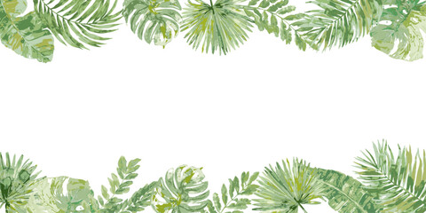 tropical exotic jungle leaves in green wet watercolor background border with copy space in the middle.