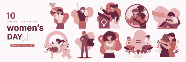 Set of International Women Day concept with celebrate women day. Struggling for freedom, treatment, independence, equality. vector illustration