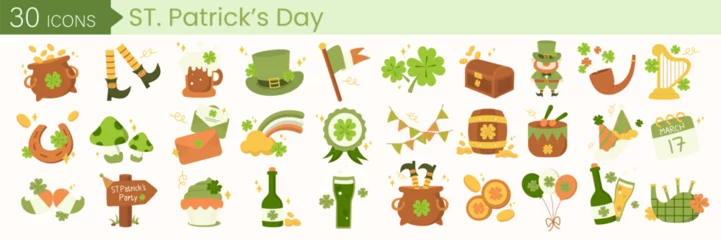 Fotobehang St. Patrick day vector icons set isolated on white background. Elements with coins, elves, Irish flag, shamrock, horseshoes and more. Vector illustration © MeepianGraphic