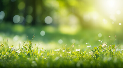 Obraz premium A fresh spring sunny garden background of green grass