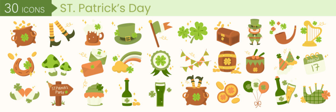 St. Patrick day vector icons set isolated on white background. Elements with coins, elves, Irish flag, shamrock, horseshoes and more. Vector illustration