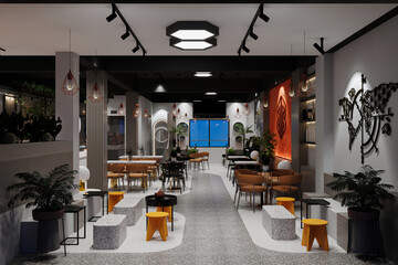 Fototapeta na wymiar interior of modern cafe in loft style with vibrant