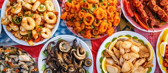 A table filled with a wide variety of Sicilian street food including calamari, octopus, fried foods, stuffed peppers, mushrooms, fish, and spicy dishes, all placed on a vibrant plastic tablecloth.