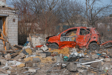 Consequences of a rocket explosion on a private house. War in Ukraine. Remains of a private house...