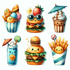 takeaway pizza, burger, croissant, hotdog, icecream, sandwich and shawarma, burger vector collection