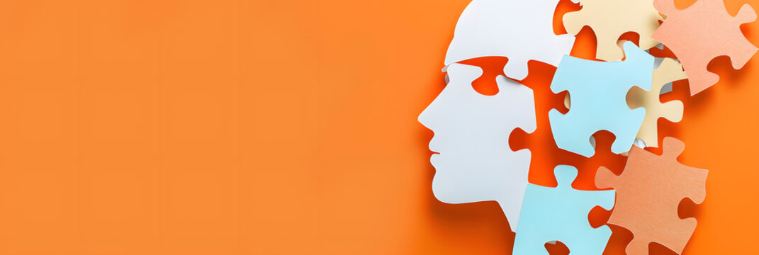 Paper human head with puzzle pieces on orange background with space for text. Logic concept