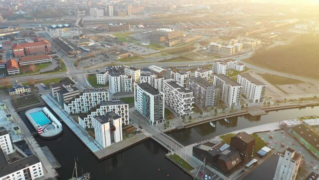 Aerial video of the harbour area in the city of Odense, Denmark