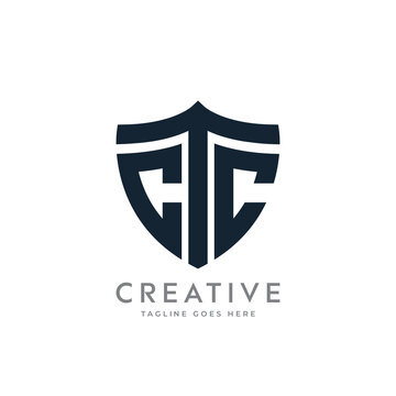 Letter "CTC" monogram and shield sign combination. Line art logo design. Symbolizes reliability, safety, power, security.