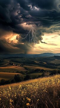Imagine a dramatic thunderstorm over a wide expanse of rolling hills, with each raindrop and lightning bolt frozen in time, capturing the intensity of the moment.
