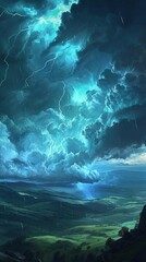 Imagine a dramatic thunderstorm over a wide expanse of rolling hills, with each raindrop and lightning bolt frozen in time, capturing the intensity of the moment.