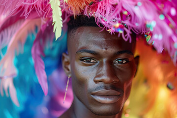 Obraz premium A striking portrait of a man framed by a vibrant explosion of carnival feathers during Pride Month. 