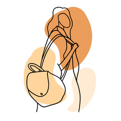 Stylish, trendy and minimalistic fashion lady with bag. Vector illustration in hand drawn outline doodle simple contour style isolated on white background. For cover art, poster, presentation.