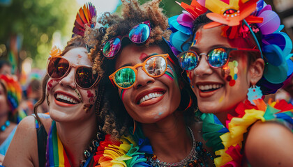 Exuberant smiles and colorful accessories as friends gather to celebrate Pride, surrounded by festive decorations. 