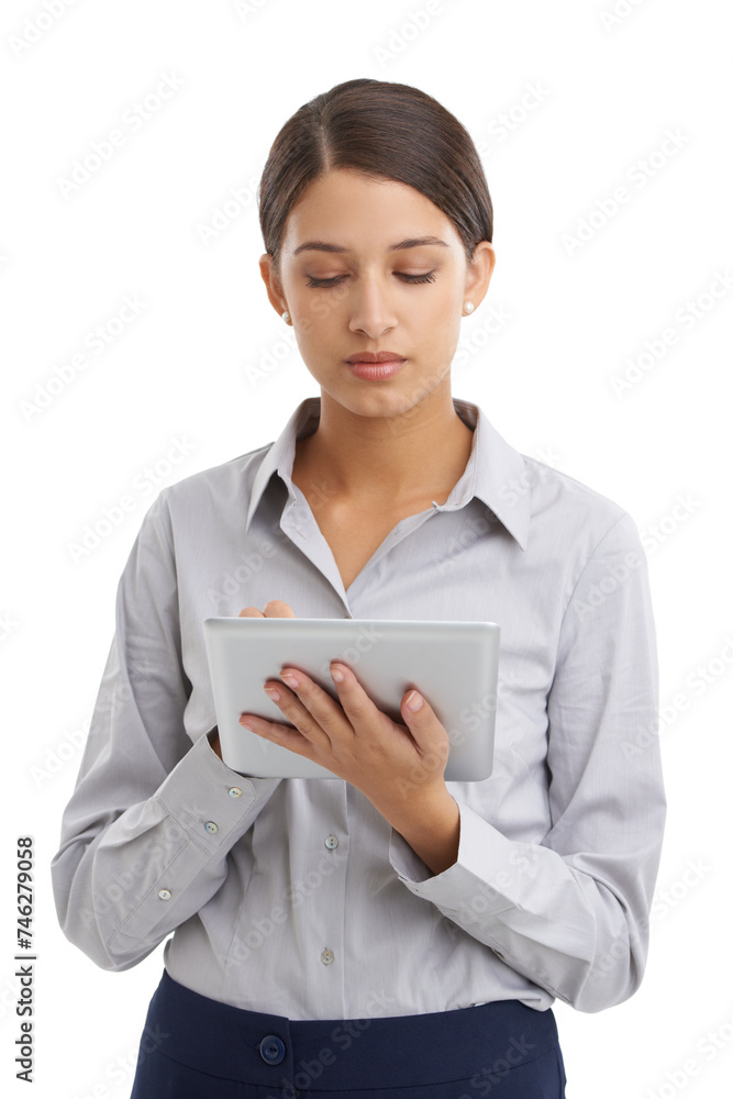 Poster young business woman, typing and tablet in studio mock up and scroll on work email for networking. l