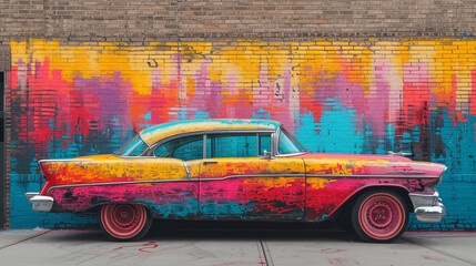 A vibrant, pastel street art mural featuring an oversized depiction of a car with exaggerated pastel tires,