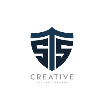 Letter "STS" monogram and shield sign combination. Line art logo design. Symbolizes reliability, safety, power, security.