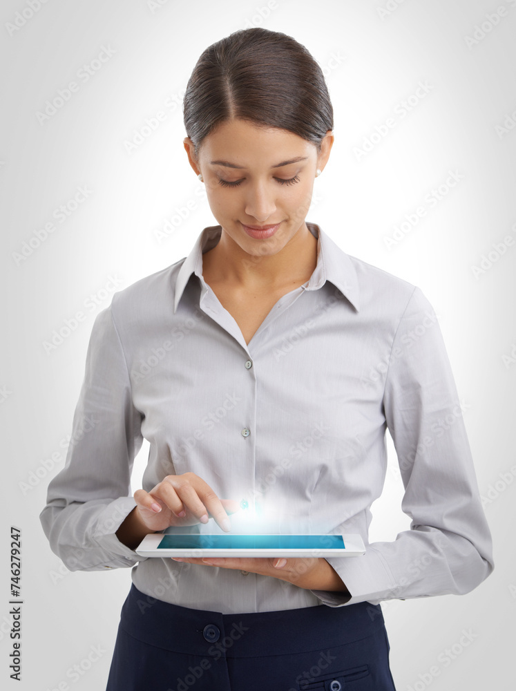 Poster business woman, studio and tablet with hologram ui for productivity and networking for career growth
