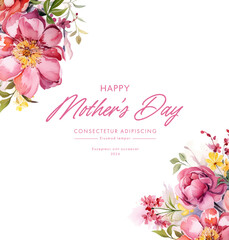 Fototapeta na wymiar Vector watercolor banner with beautiful flowers framed for mother's day. Feliz dia de la madre