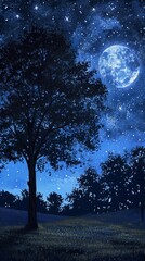 Imagine a moonlit night over a tranquil meadow, with the silhouettes of trees casting long shadows and the stars shimmering in the night sky.