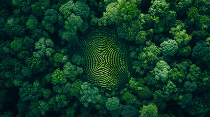 Aerial top down view of a green forest with human fingerprint in the middle , deforestation and human impact on nature biodiversity concept illustration. generative ai - obrazy, fototapety, plakaty