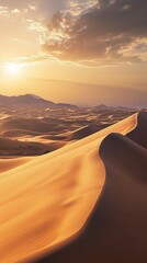 Fototapeta na wymiar Imagine a surreal desert landscape at dawn, with the soft glow of the rising sun casting long shadows on the intricate dunes.