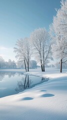 Imagine a surreal winter wonderland, with snow-covered trees and frozen lakes, capturing the stillness and beauty of a pristine snowy landscape.
