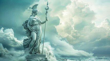 A magnificent statue of Athena, the ancient greek goddess of wisdom, craft, and warfare
