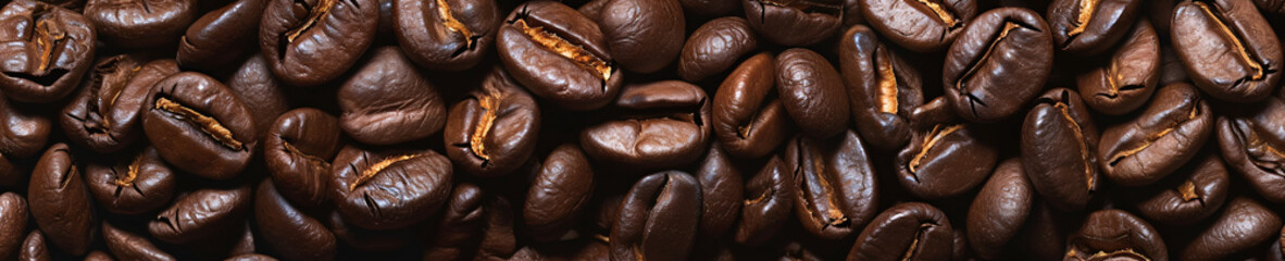 Macro photography of dark roasted coffee beans, highlighting the rich textures and deep brown tones.
