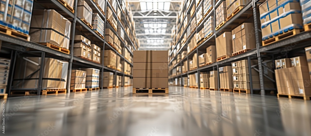 Poster a large warehouse bustling with activity, packed with rows of boxes stacked on pallets. workers navi