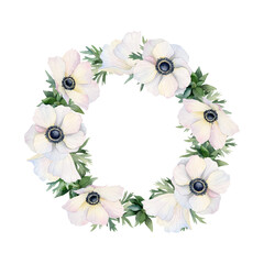 Fototapeta na wymiar White anemones flowers round wreath frame watercolor illustration isolated on white. Field poppies template for greeting cards, logos, spring wedding invitations, mothers day