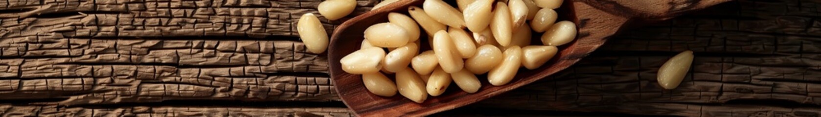 Pine nuts in wooden scoop close up focus on texture against dark wood