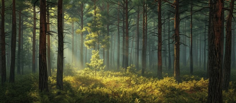 A captivating painting showcasing the enchanting beauty of a majestic woodland pine forest filled with numerous trees.