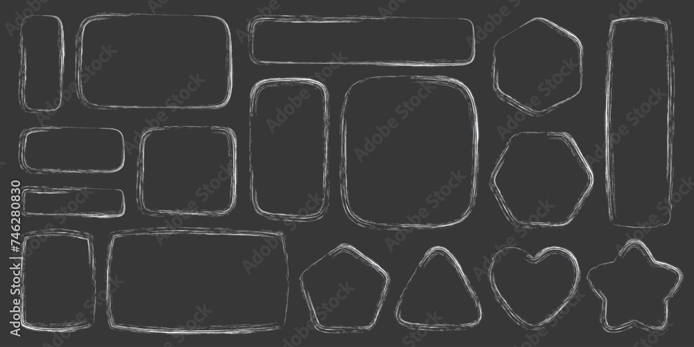 Poster chalk line frames. geometric borders with sketch texture. square and rectangle hand drown shapes wit