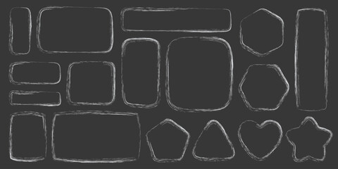 Chalk line frames. Geometric borders with sketch texture. Square and rectangle hand drown shapes with crayon stroke. Outline vector set