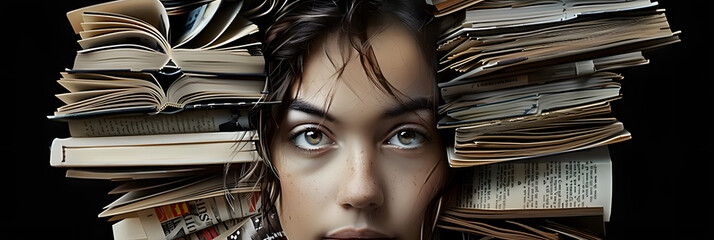 An image of a person's face made of different book pages, with different stories and genres forming the different facial features and expressions 