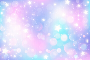 Rainbow gradient sky background. Unicorn space with glitter and stars. Holographic mermaid magic texture with bokeh. Vector wallpaper © Chorna_L