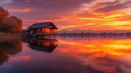 Fototapeta na wymiar Lakeside huts during a vibrant autumn sunset, with the sky painted in hues of orange and purple. T
