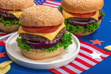 Homemade burgers. An American classic, traditional food for picnic or celebration Independence Day