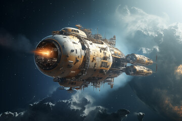 Spacecraft flying in deep space with stars in the background.