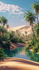 Picture a desert oasis surrounded by towering sand dunes, where the contrast between lush greenery and arid sand creates a hyperreal visual spectacle.