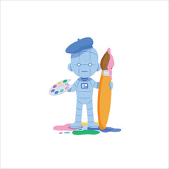 AI (artificial intelligence) robat painter artist with brush, color palette. illustration vector cartoon character design on white background.